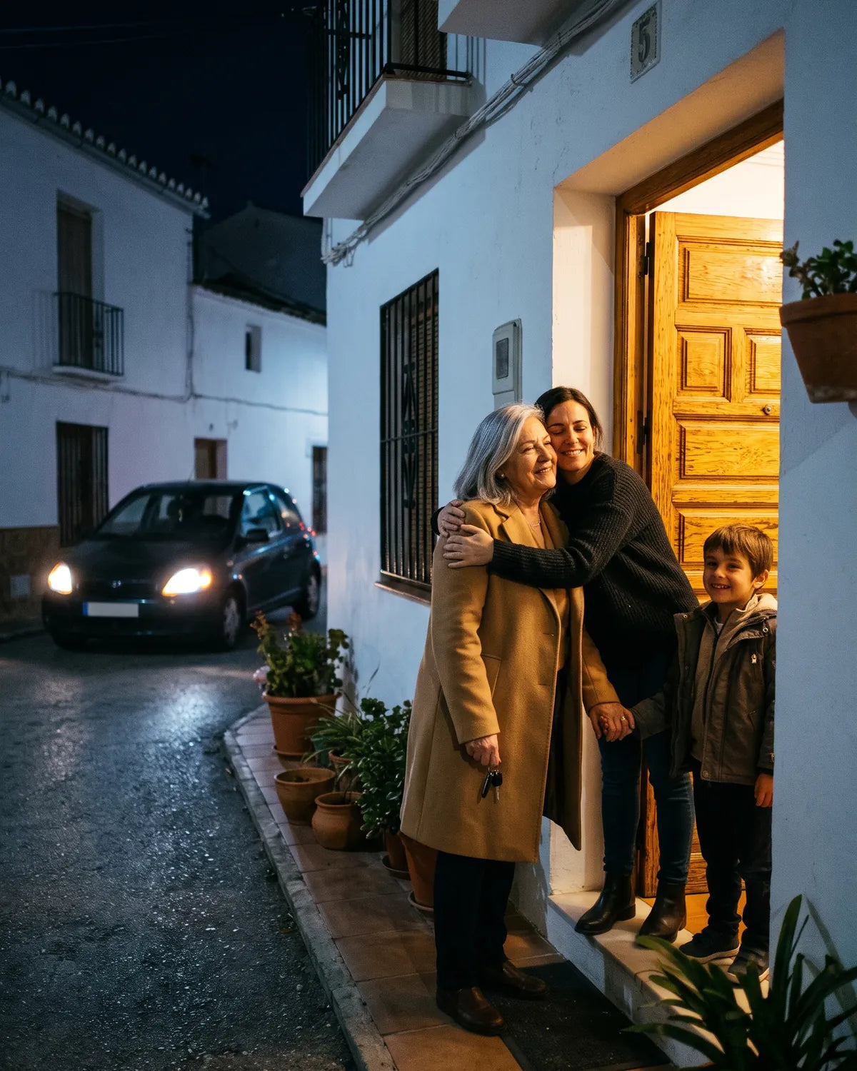 Mujer recibida por su familia al llegar de noche en coche
