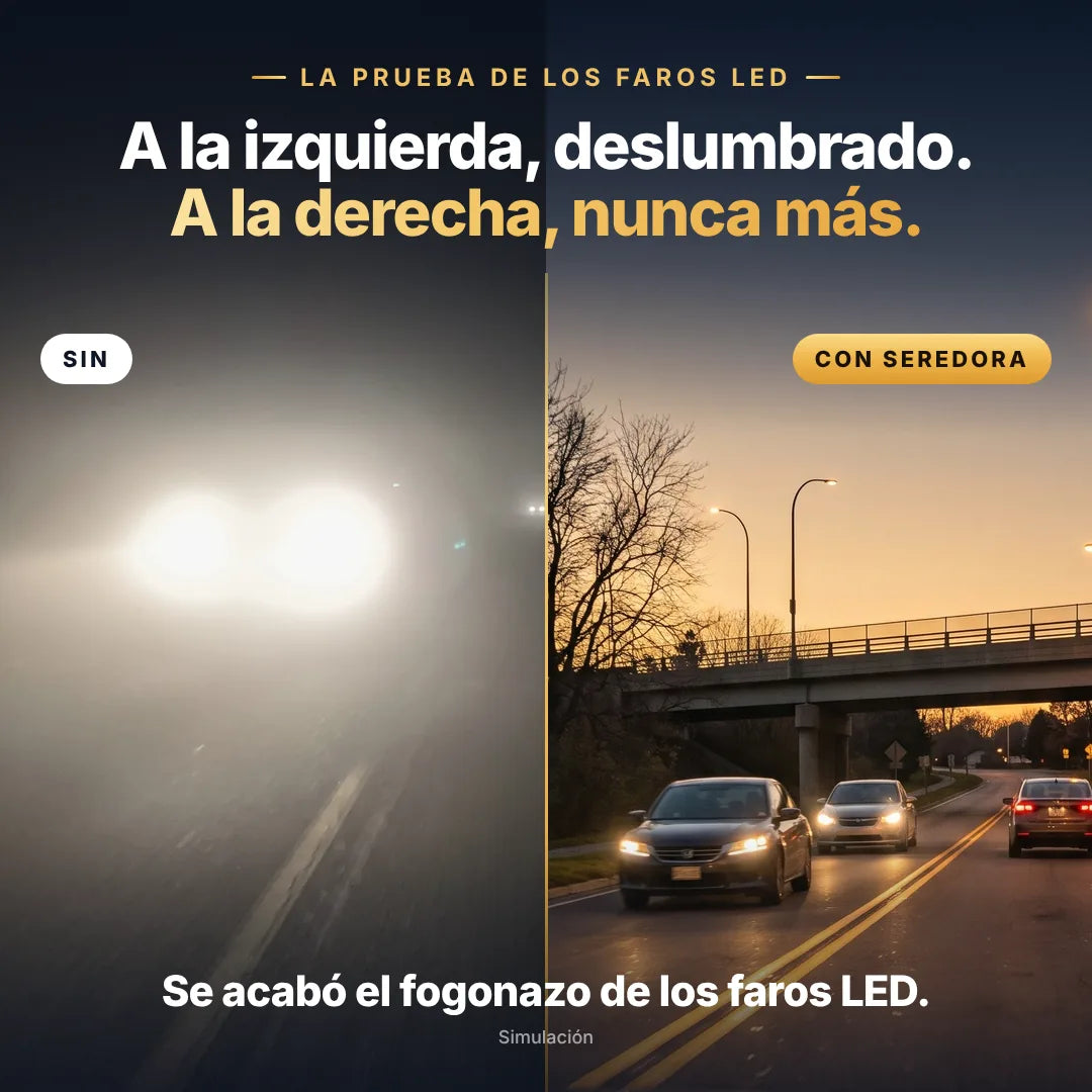 Simulación de los faros LED sin y con las gafas Seredora Noche