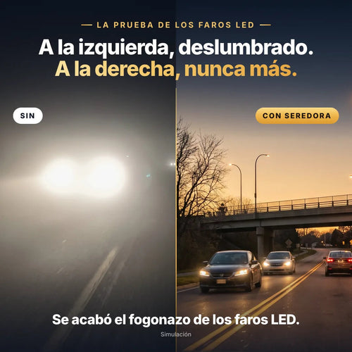Simulación de los faros LED sin y con las gafas Seredora Noche